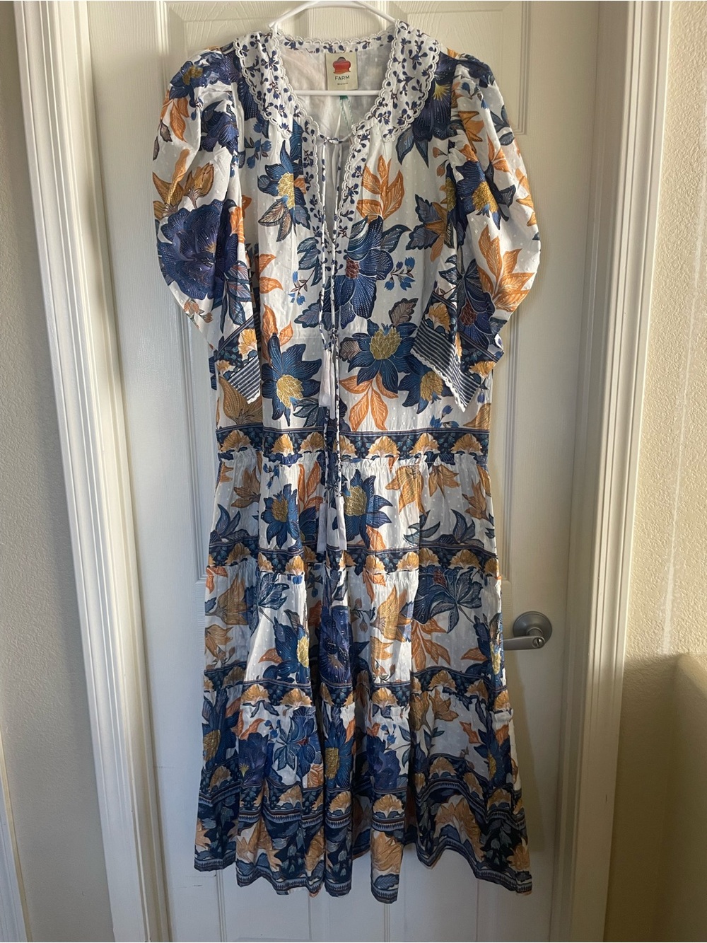 FARM Rio White Floral Midi Dress with Blue and Mustard Print